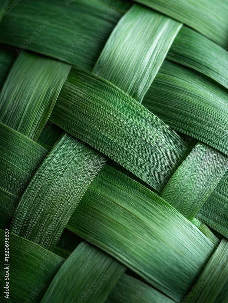 Poster close-up of a woven basket made of green leaves. the leaves are arranged in a diagonal pattern, crea