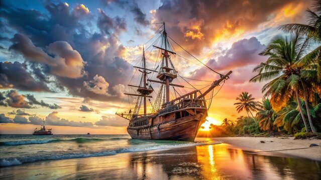 Ancient Pirate Xebec Shipwreck, Sun-Drenched Wooden Hull, Tropical Island Background, Dramatic Lighting, Detailed Architectural Photography