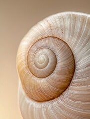 Close-up of a spiral shell. the shell is light brown in color and has a smooth texture. the center of the shell is a darker brown color with a spiral pattern.