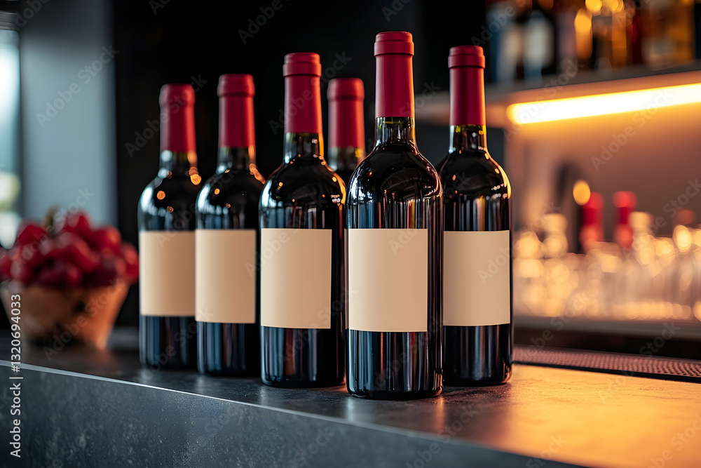 Aufkleber bottles of wine with blank labels arranged neatly on a bar countertop. generative ai.