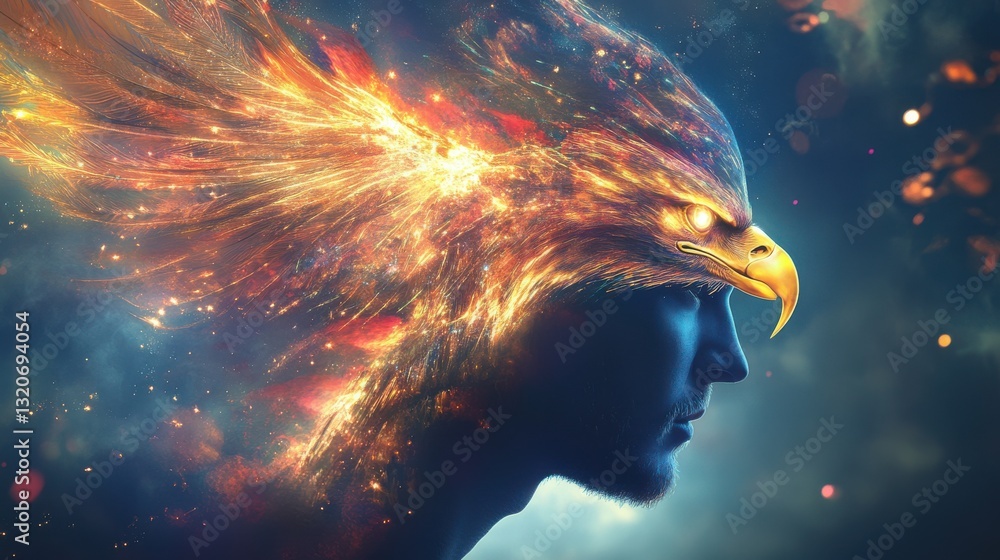 Poster dynamic profile of a man with an eagle's fiery essence, symbolizing strength and freedom in a mystic