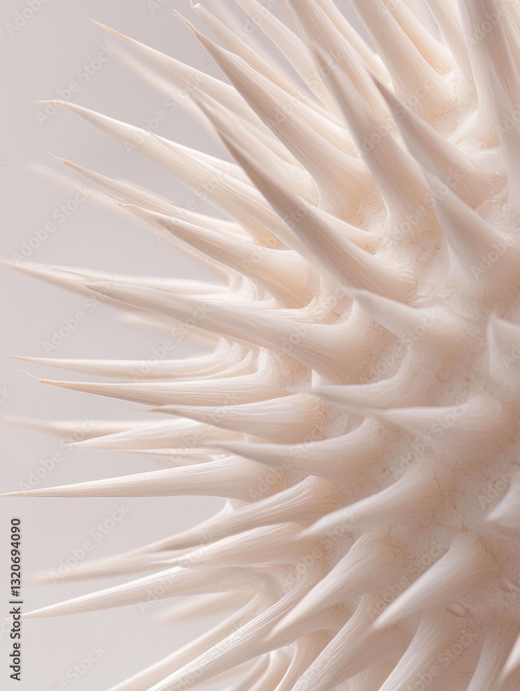 Poster close-up of a group of white, spiky spikes. the spikes are arranged in a radial pattern, with each s