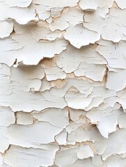 Close-up of a peeling paint texture. the paint is white and has a rough, uneven surface with deep cracks and crevices.
