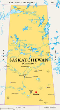 Saskatchewan, province in Western Canada, political map with boundaries, and largest cities, rivers and lakes. One of the prairie provinces, with capital Regina and the largest city Saskatoon. Vector