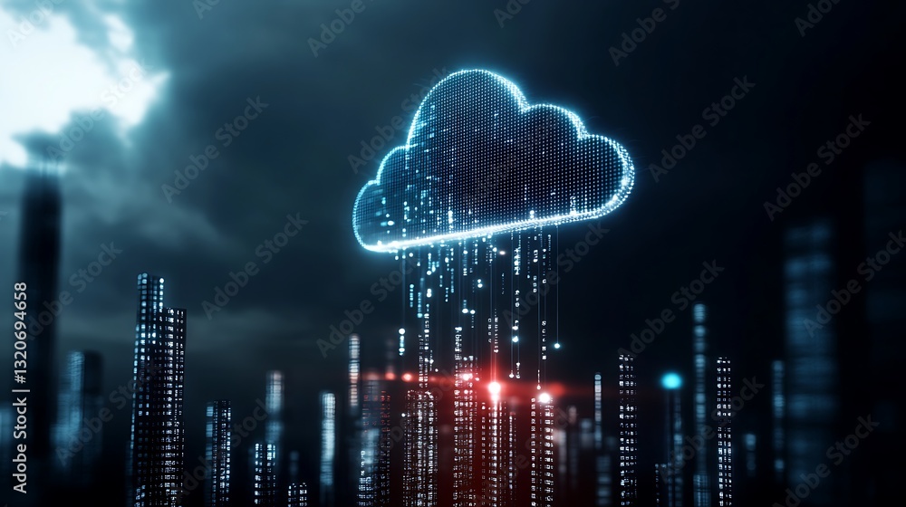 Poster digital cloud concept with futuristic city skyline and data visualization elements in dark atmospher