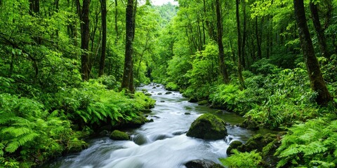 Obraz premium Ecological impact wildlife management concept. Lush forest with a flowing stream surrounded by greenery.