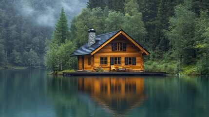 Fototapeta premium Nestled by a tranquil lake and dense forest, a charming wooden cabin reflects serenely in calm waters, a picturesque scene of peaceful solitude.
