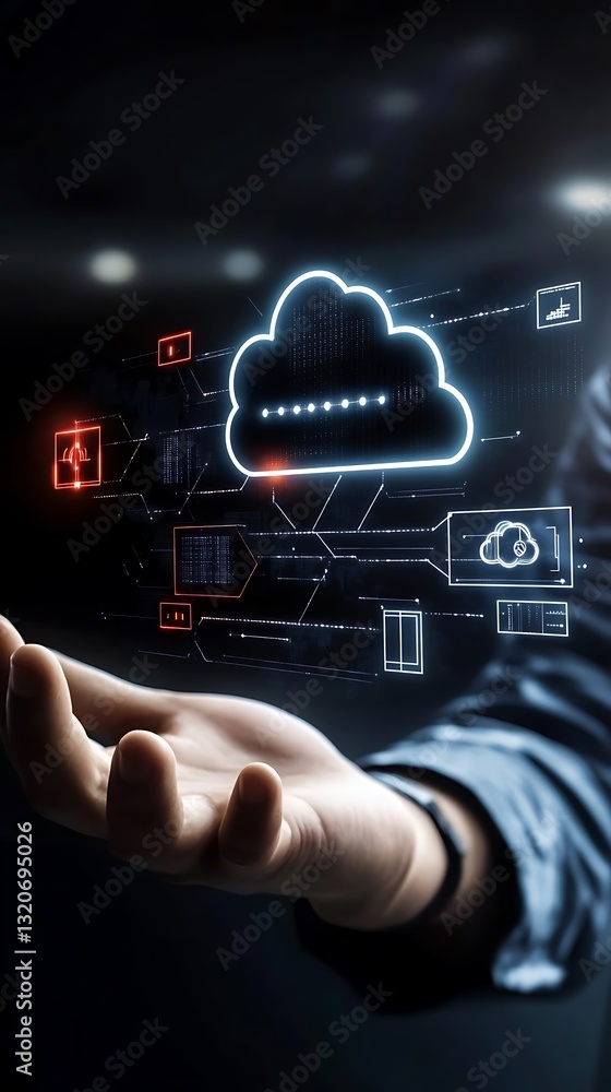 Poster hand reaching out to digital cloud with cybersecurity elements for technology and data management co