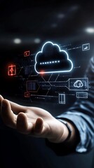 Hand Reaching Out to Digital Cloud with Cybersecurity Elements for Technology and Data Management Concept