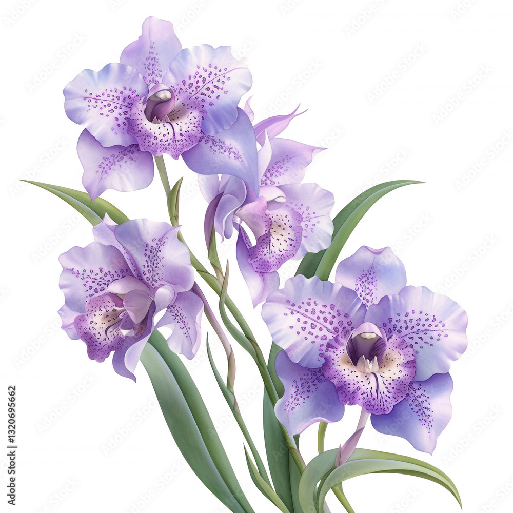 Poster a cluster of elegant purple orchids with intricate patterns and lush green leaves.