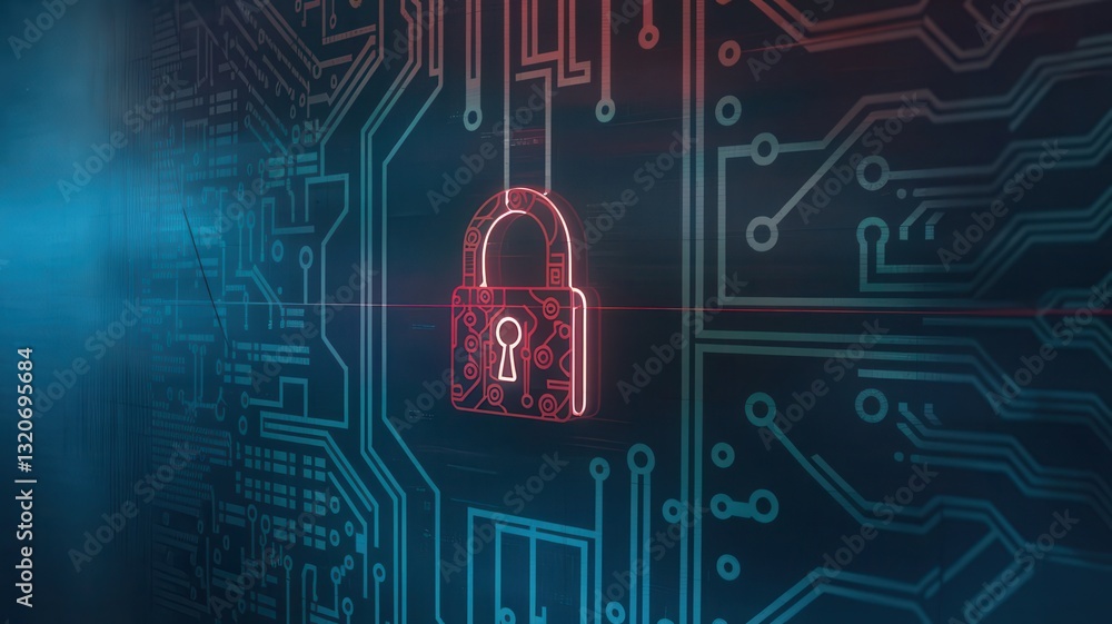 Poster cybersecurity: digital lock on circuit board background