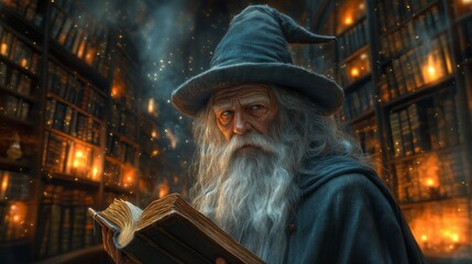 Wise wizard reading ancient tome in a mystical library