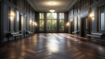 Classic wooden ballroom with chandeliers and natural light. Elegant event space