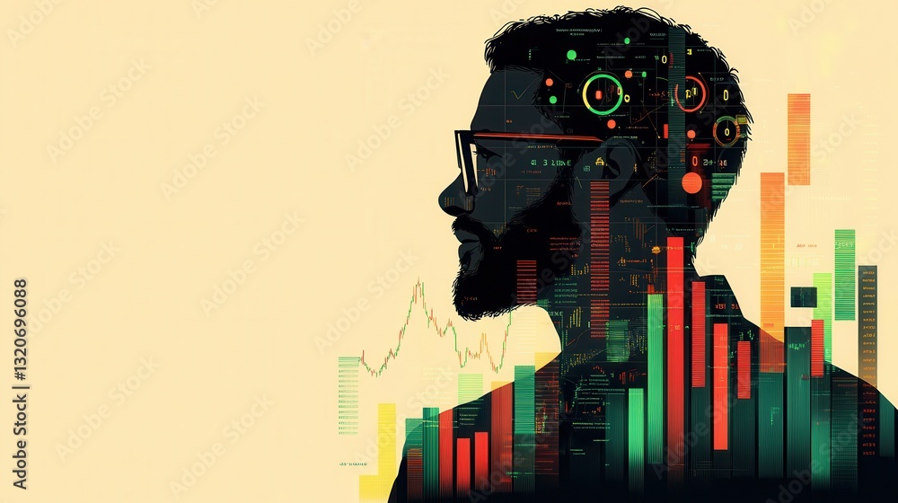 Poster confident trader analyzes market trends with data visualization in the background during evening hou
