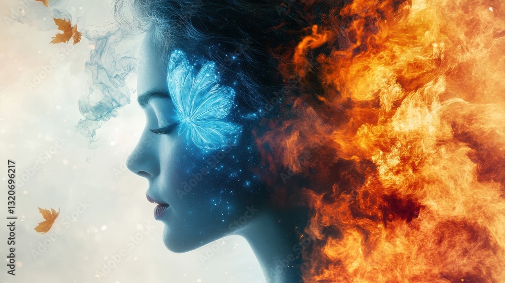 Aufkleber visualization of a woman radiating light with elements of fire and nature during twilight hours