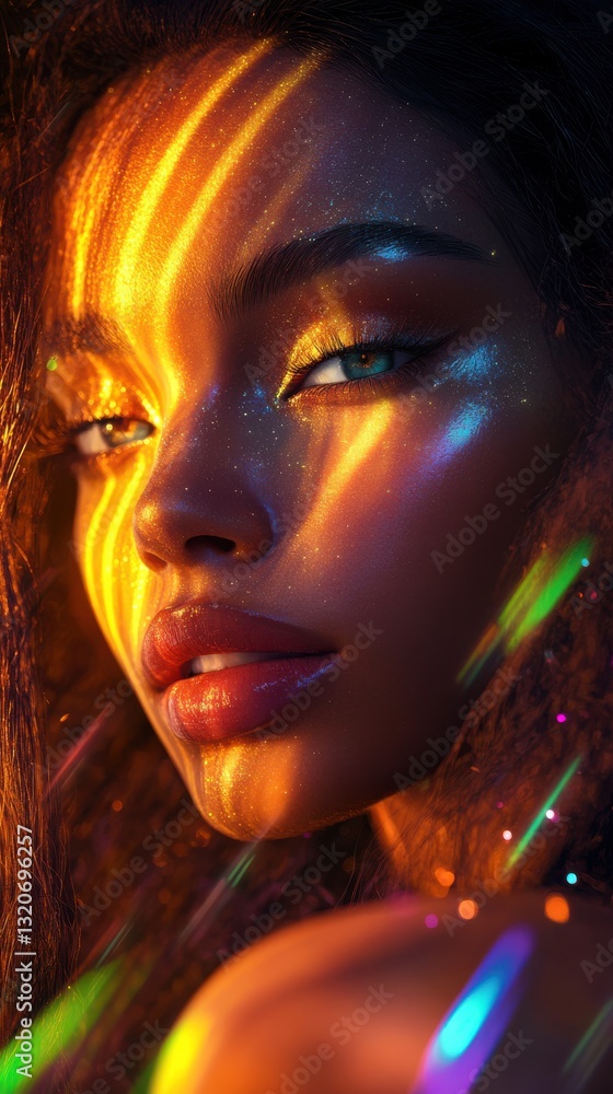 Aufkleber Conceptual visualization showcasing a glowing woman with radiant features and colorful light reflections against a dark background