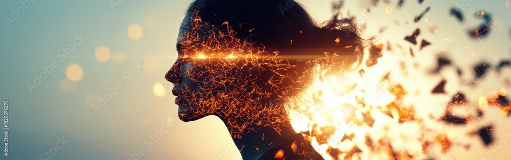 Poster visualization of a woman radiating light with a dynamic energy field during a twilight moment of sel