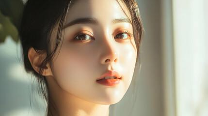 Radiant Asian Female Portraying Natural Beauty Under Soft Light for Gentle Aesthetic Appeal