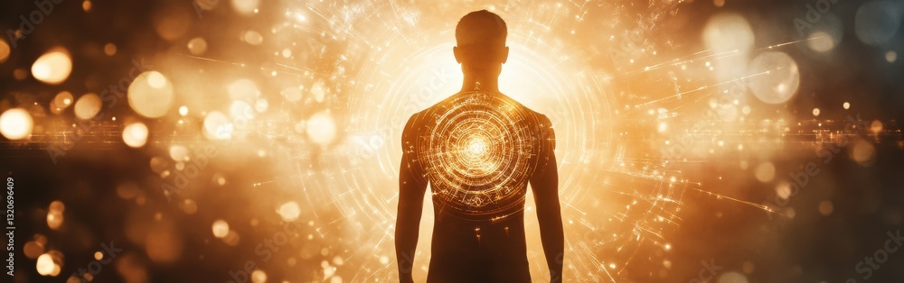 Aufkleber man radiating light with a cosmic energy field in a vibrant, mystical setting during the dawn of a n