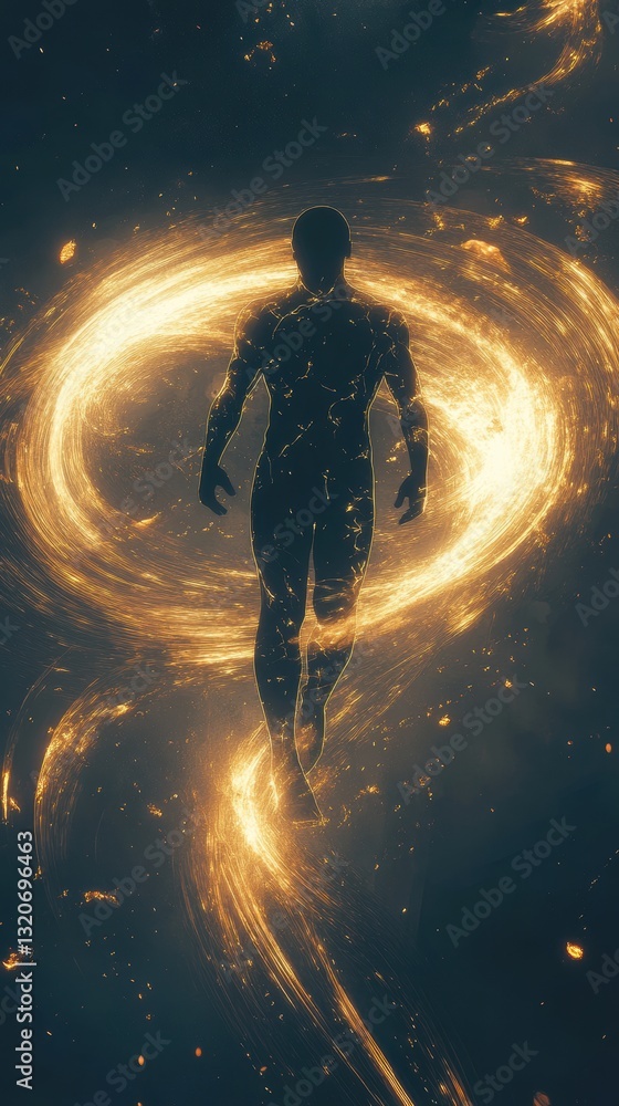 Leinwandbilder Conceptual visualization of a glowing figure surrounded by luminous energy in a cosmic setting during nighttime
