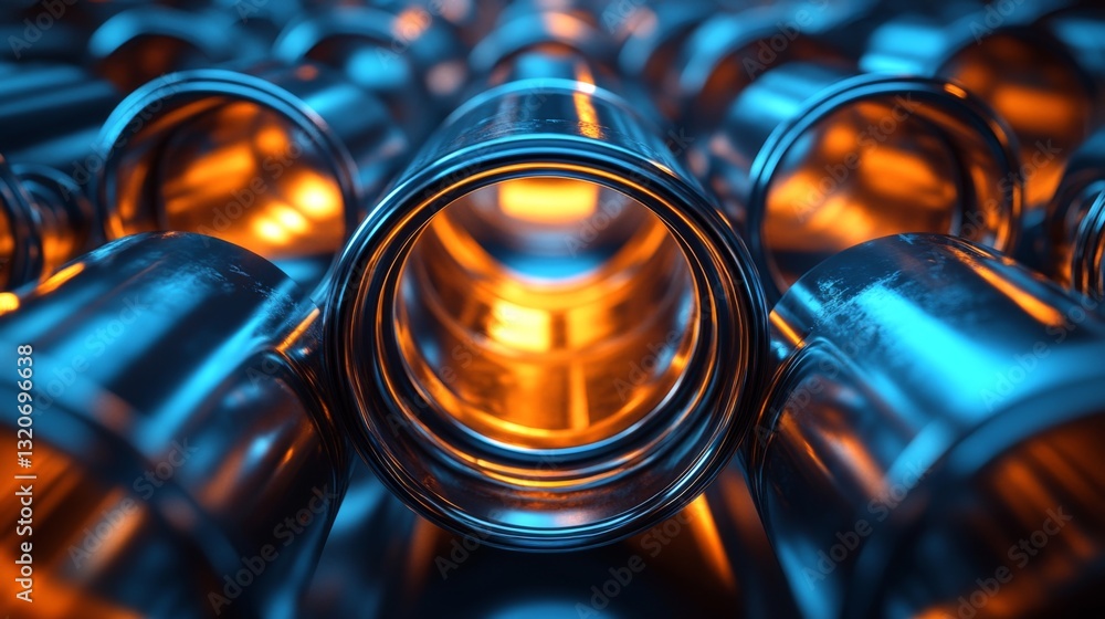 Aufkleber in a dynamic factory setting, aluminum tubes are arranged in close proximity, revealing an intense g