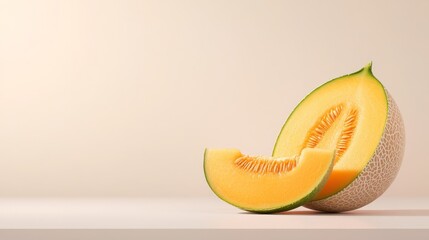 Fresh cantaloupe melon with a slice on a minimalist background