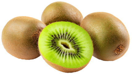 A group of fresh kiwi fruits isolated on a transparent background, showcasing their fuzzy brown skin and vibrant green interior.