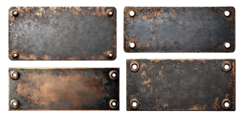 Set of old rusty metal plates with four holes, isolated on transparent cutout background