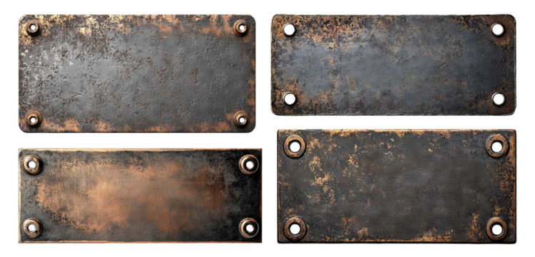 Set of old rusty metal plates with four holes, isolated on transparent cutout background