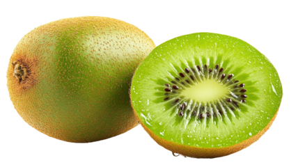 A fresh kiwi fruit isolated on a transparent background, with droplets of water on its skin, emphasizing its freshness.