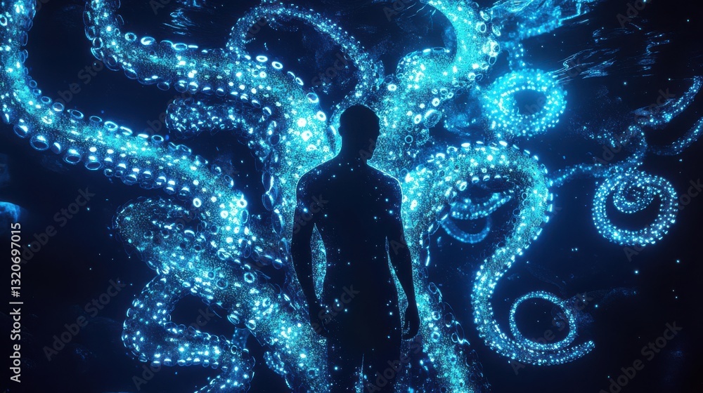 Poster man surrounded by glowing octopus in an underwater environment during a surreal encounter