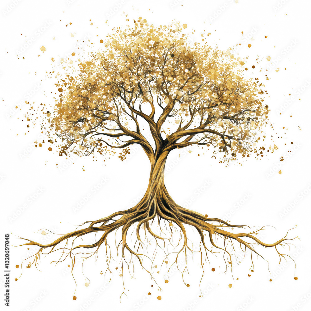 Poster a stylized golden tree with intricate branches and roots, adorned with delicate details and shimmeri
