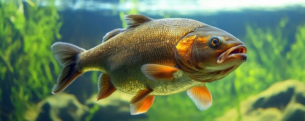 Fototapeta premium Ecological impact wildlife management concept. Vibrant fish swimming in clear freshwater habitat.