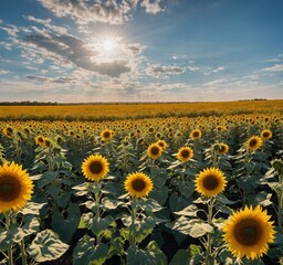 Obraz premium 40. Sunflower Field Under a Bright Blue Sky – A sea of towering sunflowers stretching endlessly toward the horizon. Their golden petals glow under the sun, and butterflies flutter between the blossoms