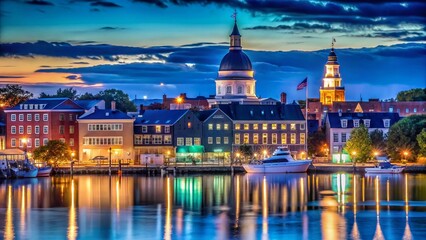 Annapolis Maryland Skyline Night Photography, Blue Buildings, Cityscape, Copy Space
