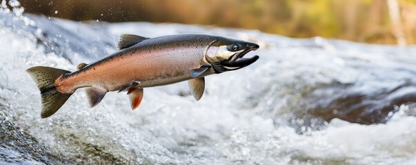 Ecological impact wildlife management concept. Leaping fish in a river with splashing water background.