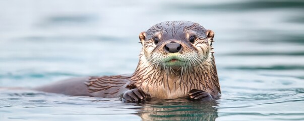 Ecological impact wildlife management concept. Otter swimming in clear water, with a curious expression.