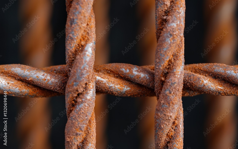 Poster close-up shot of rusty, intertwined metal wires against a dark background. the texture is rough and 