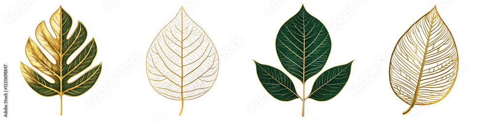 Poster exquisite golden and green leaves design elements with delicate intricate and stylized patterns thes