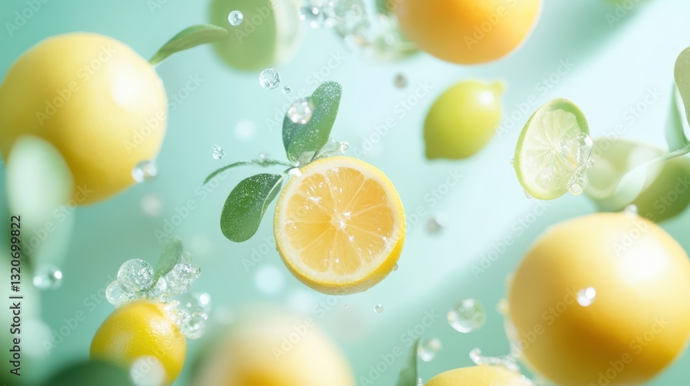 Poster bright and cheerful bokeh composition with lemons and limes in an artistic arrangement