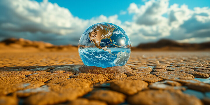 conceptual image of globe on dry cracked landscape. Parched planet earth in the dry landscape with cracked soil at sunset. Global warming or change climate concept. Environmental problems.