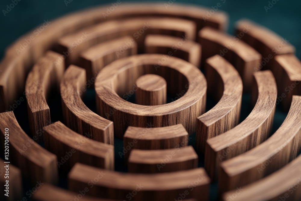 Poster wooden labyrinth with concentric circular pattern illustrating business decision making logical prob