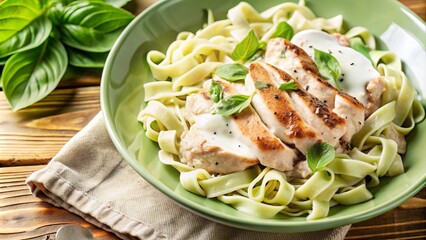 Creamy fettuccine alfredo with grilled chicken garnished with fresh basil leaves on rustic wooden table