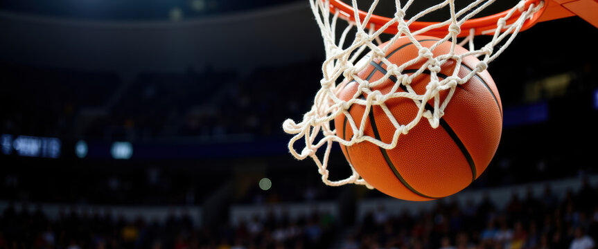 Basketball swishing through net in action-packed game moment with copy space