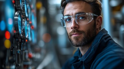Obraz premium Technician oversees sophisticated automation equipment in a petrochemical refinery, ensuring smooth operations and safety protocols during synthesis and processing activities.