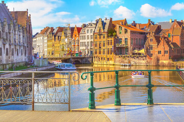 Naklejka premium Old traditional houses, canal in Ghent, Belgium