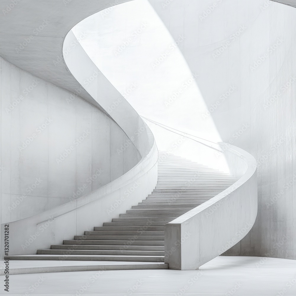 Poster a curved modern staircase in a minimalist architectural space with soft natural light creating a ser
