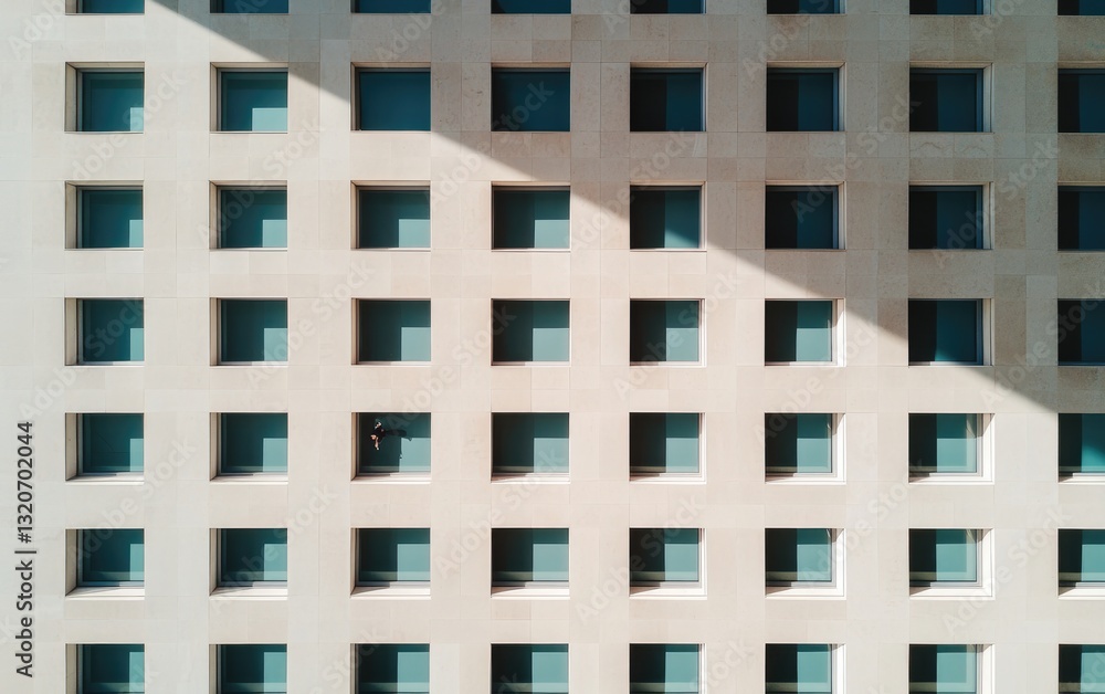 Poster high angle view of a modern building with a grid of square windows, a person is visible in one of th