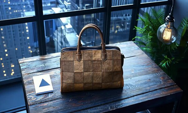 Patchwork leather handbag on wooden table, city view, notebook. Lifestyle photography for fashion websites
