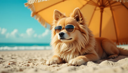 a fluffy dog with sleek sunglasses, lying in the shade of a beach umbrella, cool ocean breeze moving its fur, detailed textures, 8k
